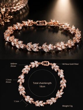 Elegant Rose Gold Zircon Leaf Bracelet - Sparkling Pink Stones